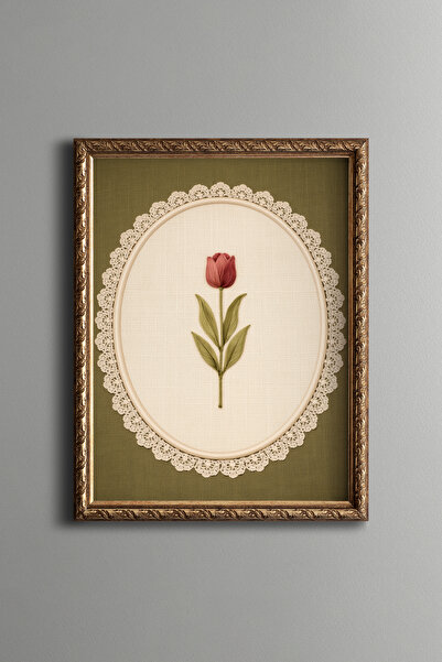 epiqart Nakış İşlemesi Görünümlü Lale Tasarımı - Vintage Desenli Çerçeve - İn...