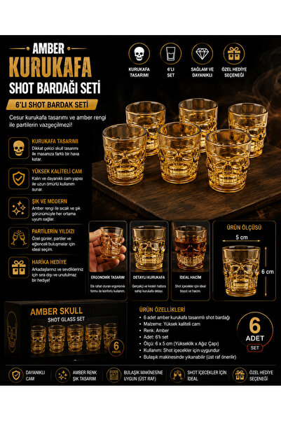 Mersi SHOP 6'lı Amber Kurukafa Cam Shot Bardağı Seti | Skull Tasarımlı Shot K...