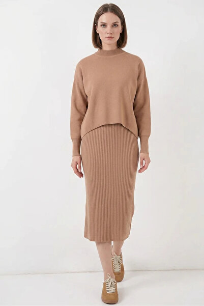 buğrahayalin Women's Turtleneck Vertical Ribbed Skirt Knitwear Camel Dress