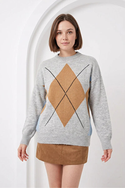 buğrahayalin Women's Round Neck Oversize Diamond Patterned Knitwear Gray Sweater