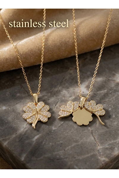 stainless steell 316L Steel Gold Color Openable Clover Model Zircon Stone Nec...