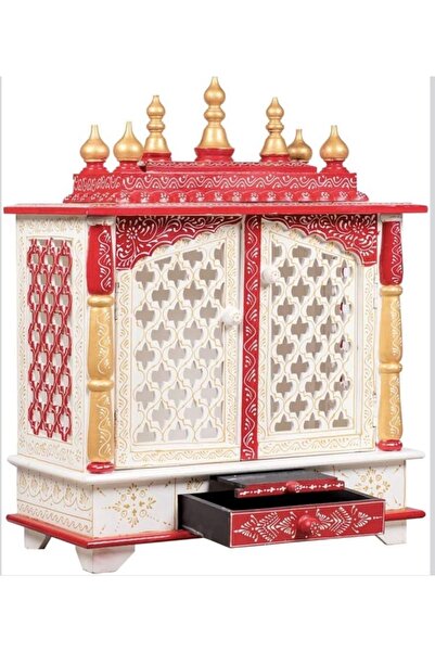 Divine Design Wooden Home Temple Mandir, Red and White, Hand-Painted Floral D...