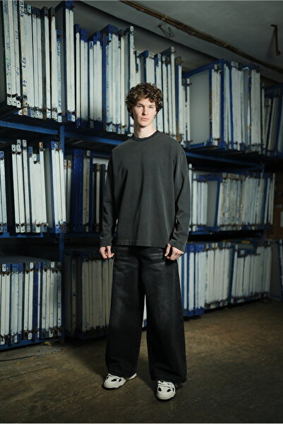 METAL DETAYLI YIKAMALI BASİC OVERSİZE LONGSLEEVE T-SHİRT