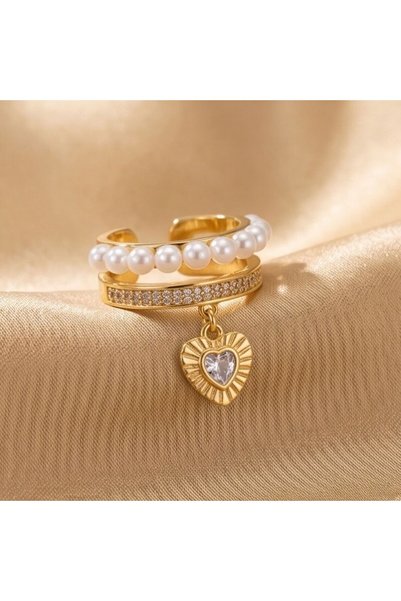 Hegi Collection İncili Kalp Detaylı Taşlı Ear Cuff
