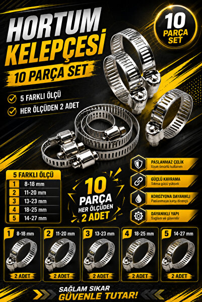 Zephoo Hortum Kelepçesi Seti 10 Parça Paslanmaz Çelik Kelepçe Seti 5 Farklı Ö...