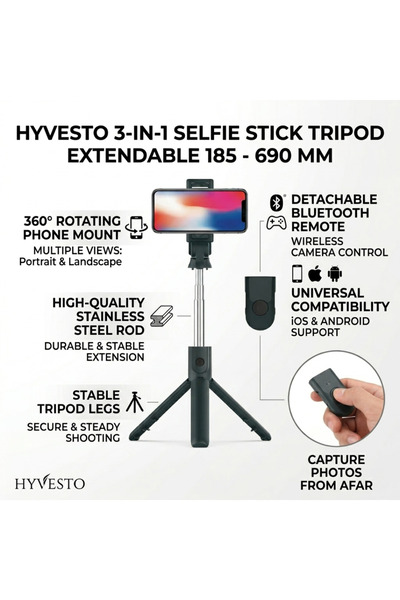 HYVESTO Selfie Stick Trepied 3 in 1 HYVESTO, Extensibil 185-690 mm, Telecoman...
