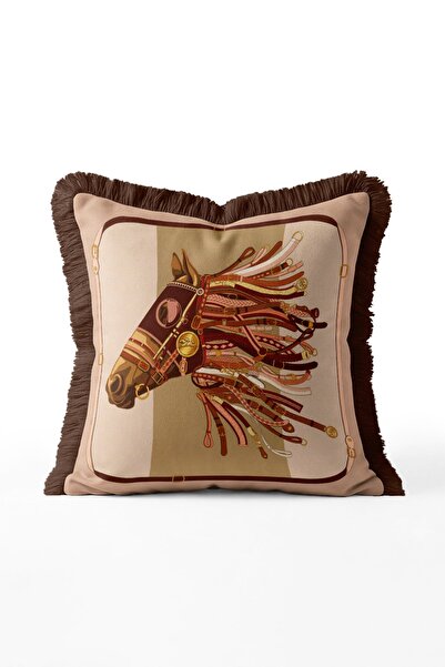 IdeCraft Brown Harness and Horse Head Patterned Fringed Throw Pillow Cover - ...