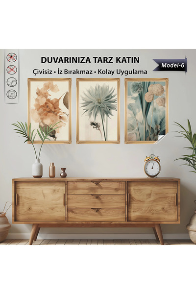 Tutunabilir Kağıt Statik Tutunma Özellikli 3’lü Pastel Çiçek Tablo Seti – Dek...