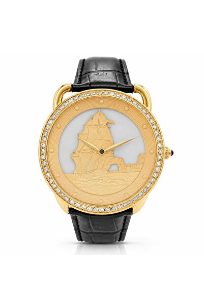 Watch Ceas barbatesc cu model corabie vintage, curea neagra, carcasa aurie cu...