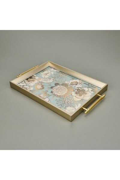 Sembol Kus and Cicek Patterned Tray - Green - Gold - 42X30 cm