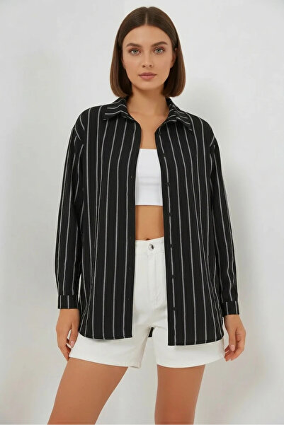 Şeker Portakalım Women's Basic Oversize Striped Cotton Black Shirt