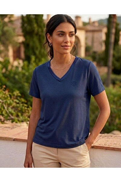 ELLA CAMELIA V-Neck Combed Cotton Blouse with Satin Trim on the Collar
