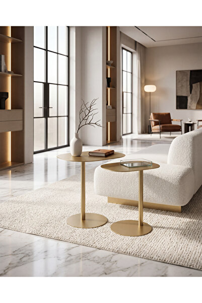 mobias Orbit Koleksiyonu 2'li Premium Gold Metal Yan Sehpa Seti Modern Mimari...