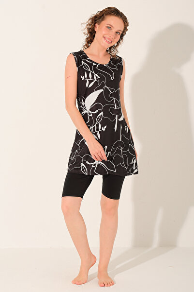 ALFASA Patterned Zero Sleeve Semi-Closed Swimsuit Black 26809-26