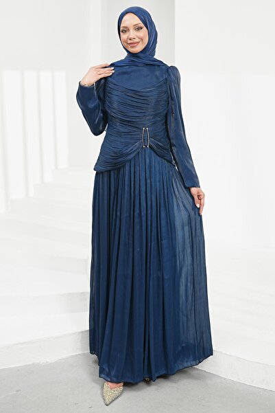 İmajButik Navy Blue Front Gathered Pleated Evening Dress