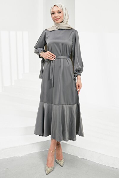 İmajButik Smoked Stone Detailed Skirt with Flounces Satin Evening Dress