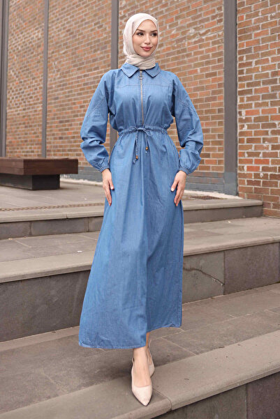İmajButik Blue Elastic Sleeve Half-Zipper Denim Dress