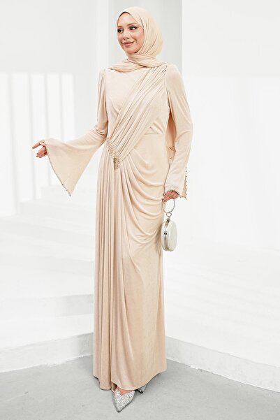 İmajButik Beige Waist Gathered Stoned Evening Dress