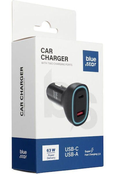 Blue Φορτιστής Αυτοκινήτου Star 63W 3A Γρήγορης Φόρτισης με Θύρες: 1xUSB 1xTy...