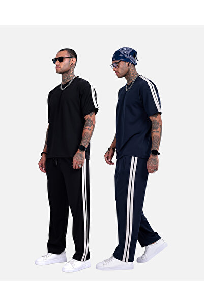 3MODA Erkek Baggy Compak Kumaş Yan Şeritli Takım - 2 Li Paket