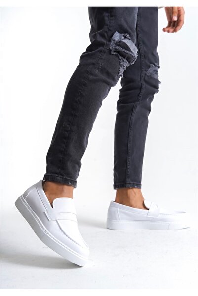 MirgeShoes Beyaz Bağcıksız Erkek Loafer Ayakkabı Kuşaklı Yüksek BYZ Taban MRG...