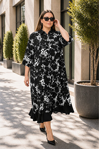 DARKWIN Plus Size Shirt Collar Buttoned Patterned Midi Length Skirt Flounce H...