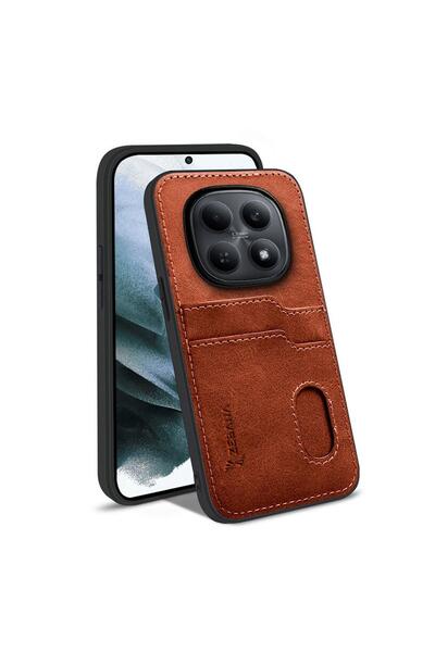 Zebana Xiaomi Redmi Note 15 5G Uyumlu Kılıf Kartlıklı Lüx Deri Kılıf Kahverengi