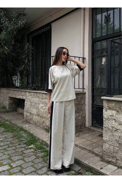 Julidress Contrast Striped T-Shirt and Pants Premium Linen Set