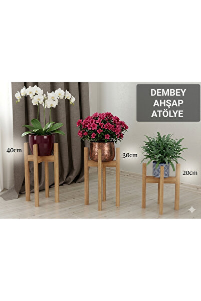 DEMBEY AHŞAP ATÖLYE Saksı Standı 3lü Set Ahşap Çiçek Standı Saksılık Bahçe Çi...