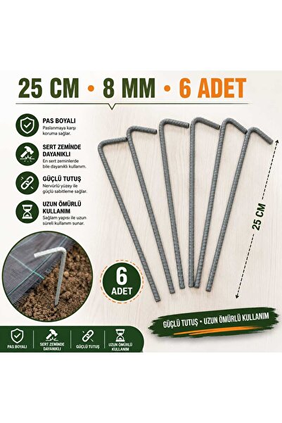 Akdeniz 8 mm L Tipi Demir Çadır ve Bahçe Kazığı 25 cm Pas Boyalı Dayanıklı Sa...