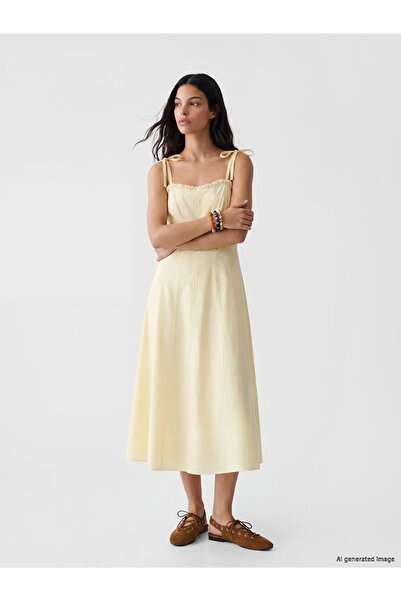 LC Waikiki Yellow Heart Collar Rope Strap Poplin Dress