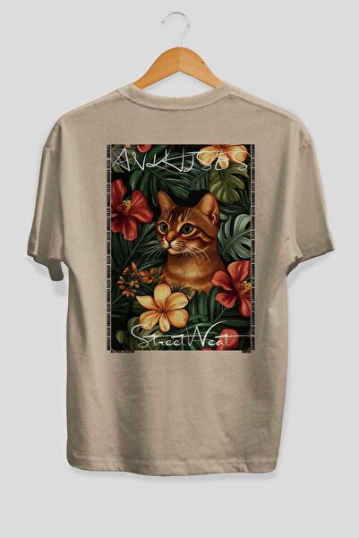 Ankhises 35 Cats for Cat Lovers Printed Beige Oversize T-Shirt 100% Cotton Un...
