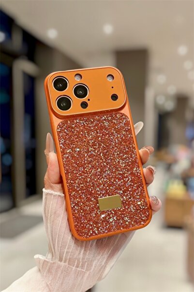 İtarz İphone 12 Promax Uyumlu Turuncu Lüks Taşlı Simli Kamera Korumalı Premiu...