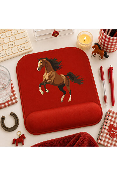 matizya At Desenli Bilek Destekli Mousepad 23x19 cm Ergonomik Mouse Pad Kırmı...