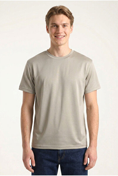 ELAFRO Men's Stone Regular Modal Fabric Silky Textured Crew Neck T-Shirt