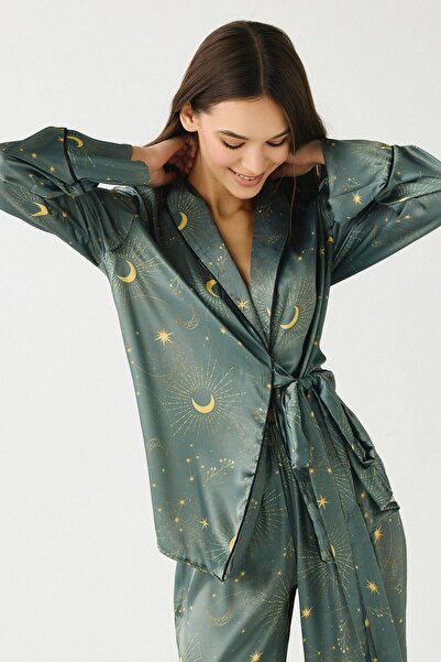 C&City Luna Touch Kimono Pantolon 2'li Saten Takım Haki