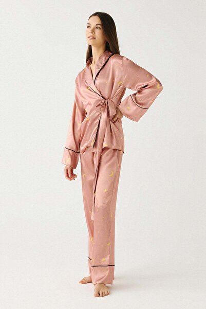 C&City Luna Touch Kimono Pantolon 2'li Saten Takım Vizon