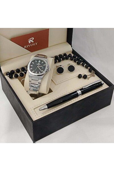 RİVOLİ Men's Stainless Steel Set consisting of a watch, rosary, pen, and cuff...