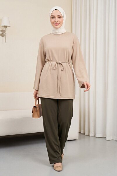 Modamorfo Round Neck Tie-Waist Combed Cotton Tunic - Light Mink