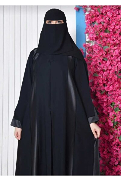 ZAHRA ABAYA Black Abaya with Matte and Shiny Fabric Inserts, Zip Closure, and...
