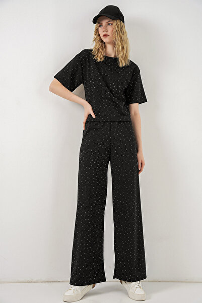 Merterium Women's Stoned T-Shirt and Pants Two-Piece Set - Black 1402