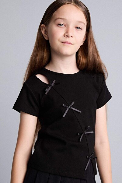 DeFacto Crew Neck Ribbed Bowknot Short Sleeve Black T-Shirt Girls H9140A826Sm