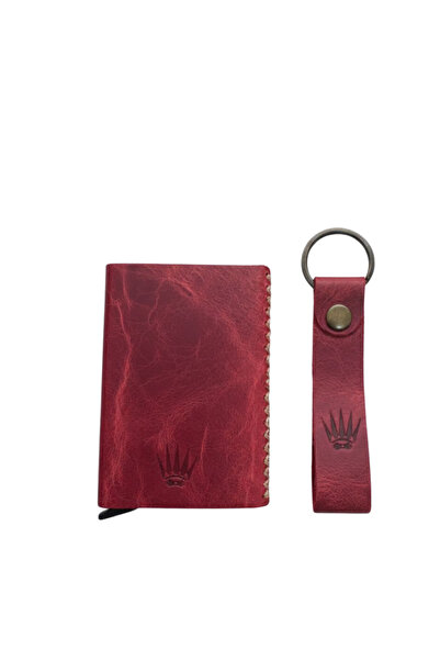 WATCHOFROYAL Gift Set Genuine Leather Red Mechanism Card Holder & Keychain
