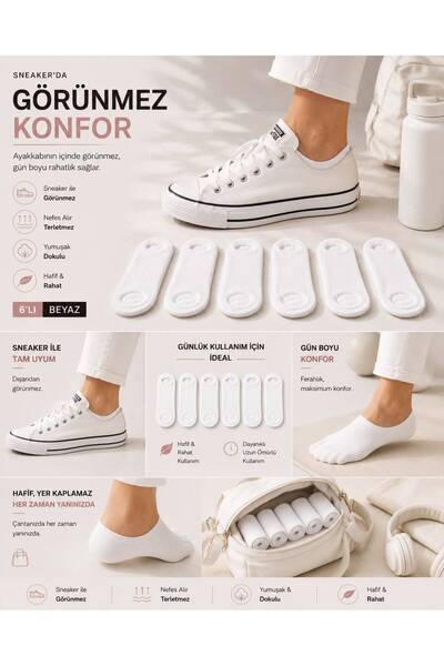 ask Women's 6-Pack White Invisible Sneaker Socks