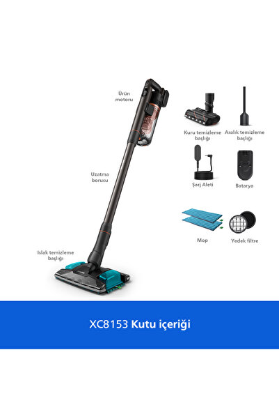 Philips 8000 Serisi Aqua Plus Kablosuz Dik Süpürge, 360 Emiş, LED Başlık, 80 dk'ya Kadar Kullanım, XC8153/10