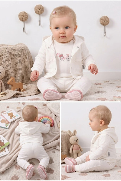 meyastore Hooded Lace Detailed Baby Girl 3-Piece Set