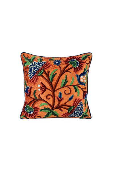 Bursa İpek Orange Embroidered Velvet Throw Pillow