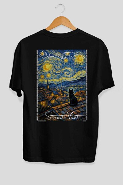 Ankhises For the Love of Cats 21 Cats Printed Black Oversize T-Shirt 100% Cot...