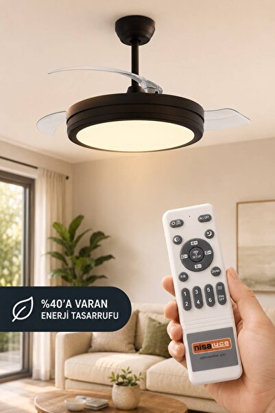NisaLuce SUNNY SİYAH Kumandalı GİZLİ KANATLI Tavan Vantilatör || 3 Renk Işık ...
