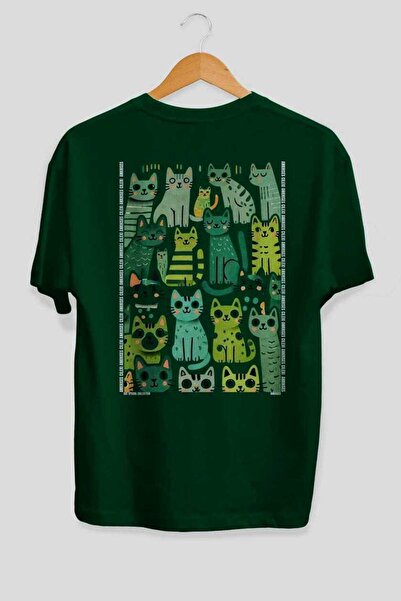 Ankhises For the Love of Cats 92 Cat Printed Green Oversize T-Shirt 100% Cott...